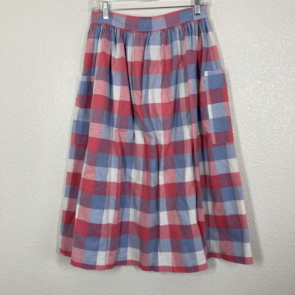 Vintage Russ Skirt Womens Medium Red Blue Plaid Cotton Button Front Pockets 80s - Picture 9 of 14